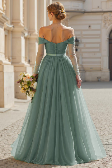 Eucalyptus A Line Long Off the Shoulder Bridesmaid Dress with Sleeves